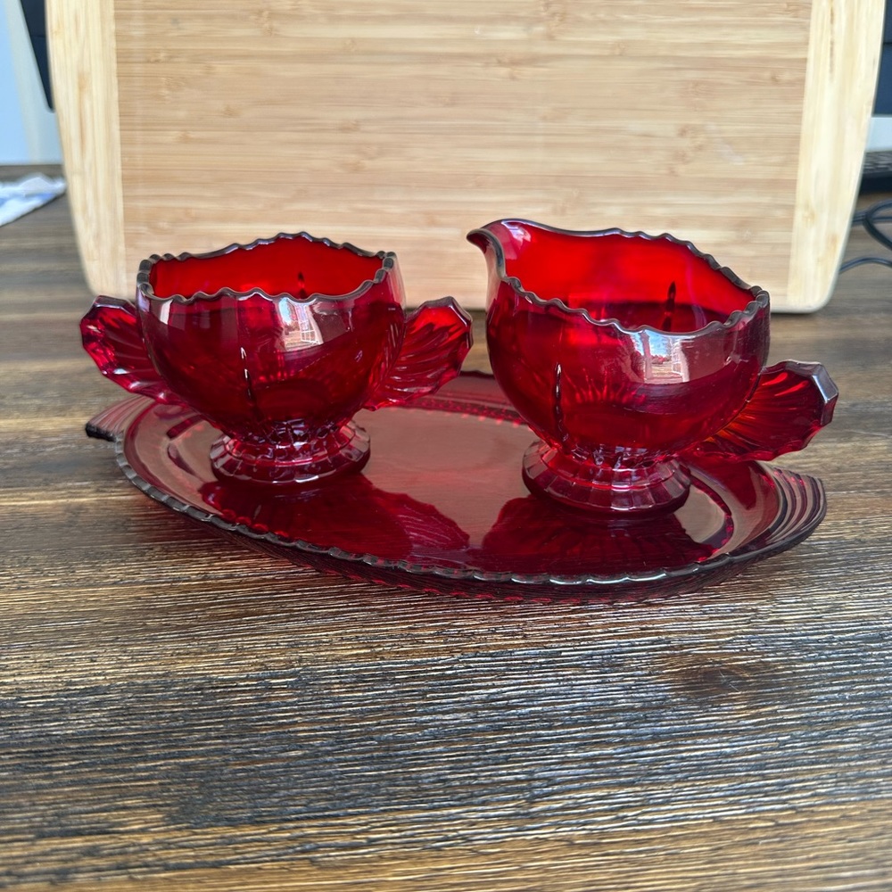 VINTAGE VIKING GLASS COMPANY Ruby Radiance sugar and creamer set with platter